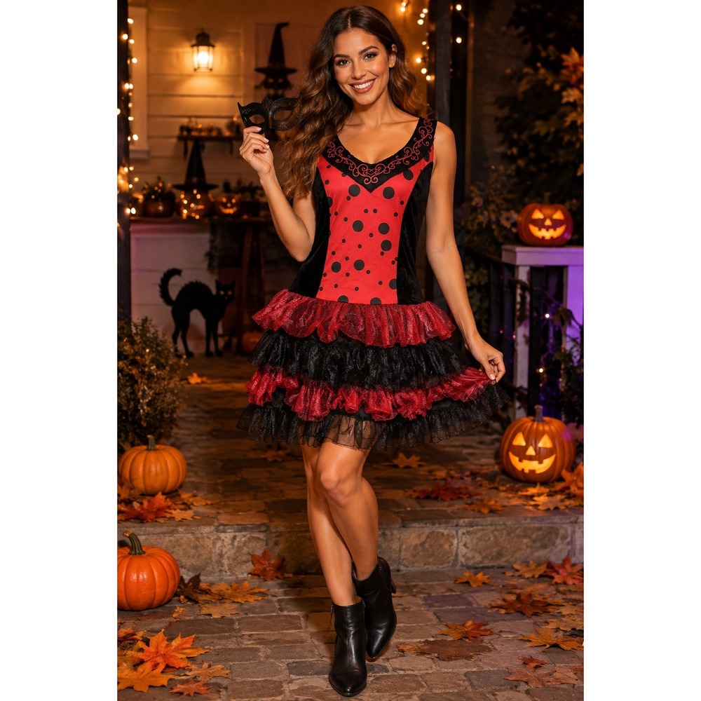 Ladybug Costume Dress Red Black Polka Dot Ruffle Tutu Halloween Women Small 4-6